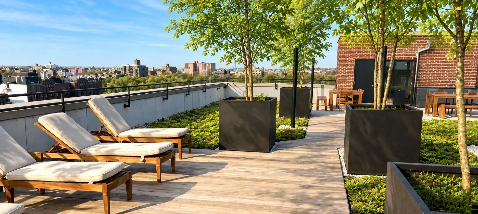 123 Parkside Avenue: Rooftop deck with lounge chairs, planted beds and trees in square planters