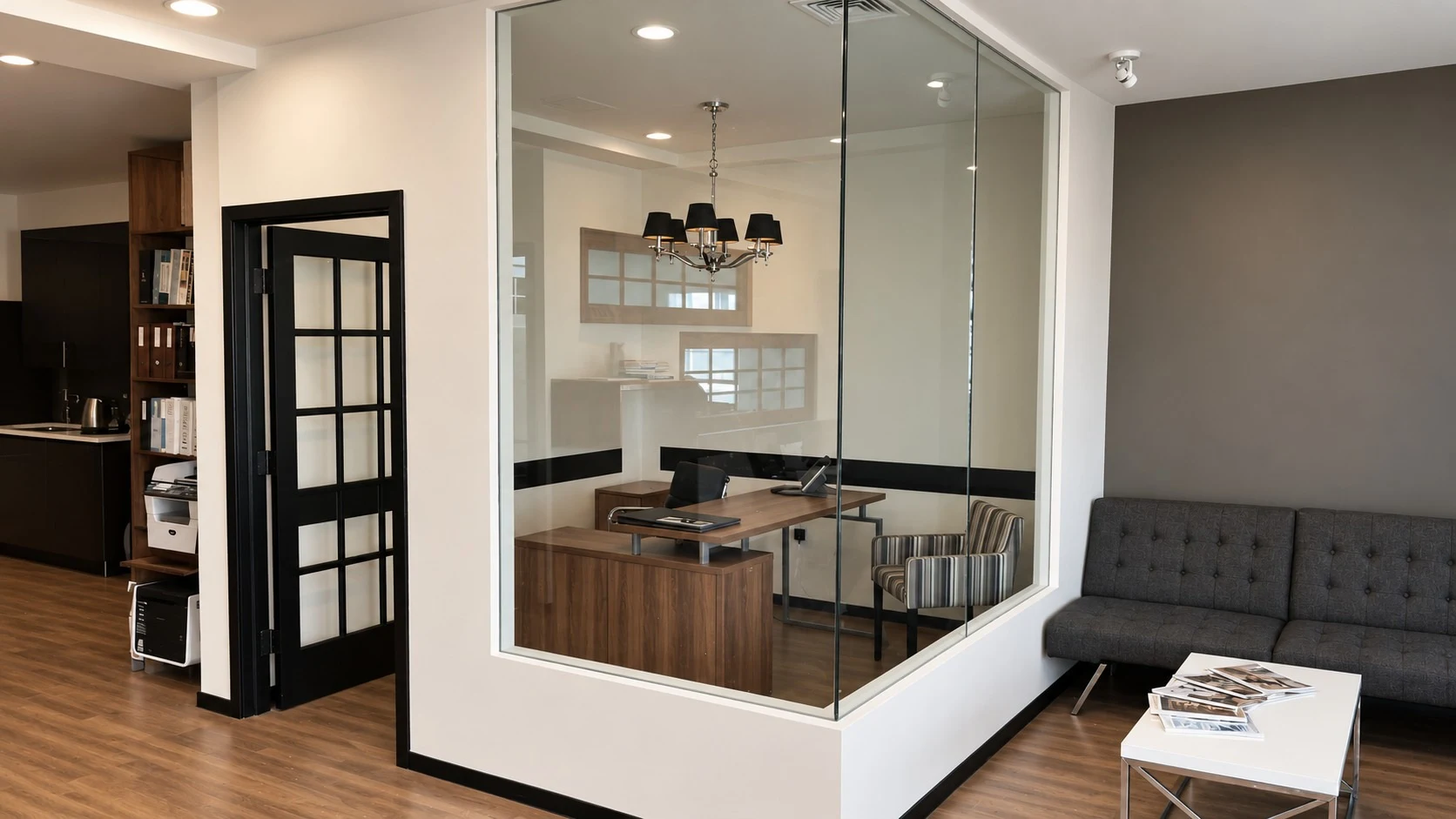 2888 Gerritsen Avenue: Glass-enclosed office beside a gray sofa and wood-floored seating area