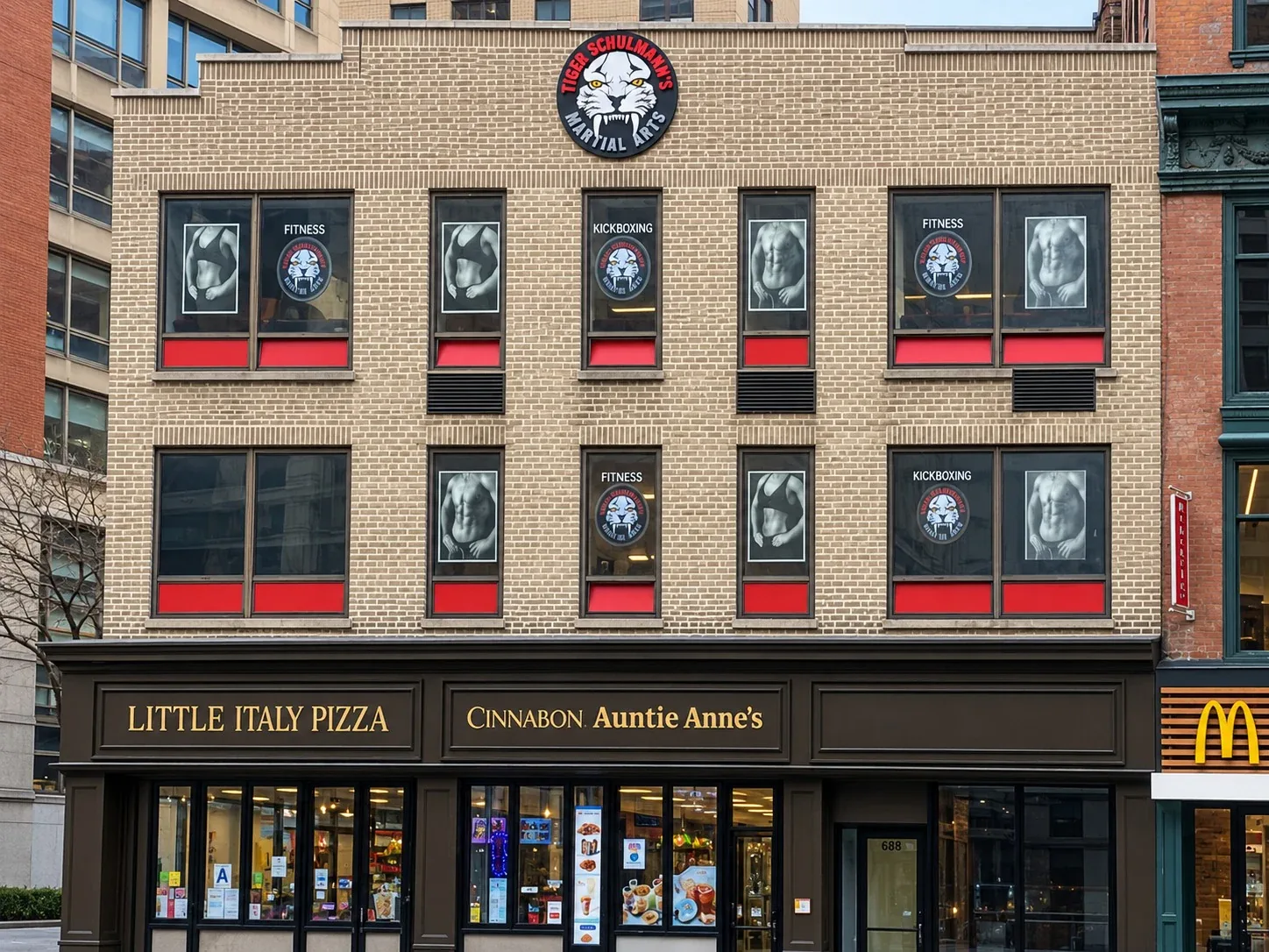 688 Sixth Avenue: Brick building facade with dark storefront panels and upper-floor martial arts signage