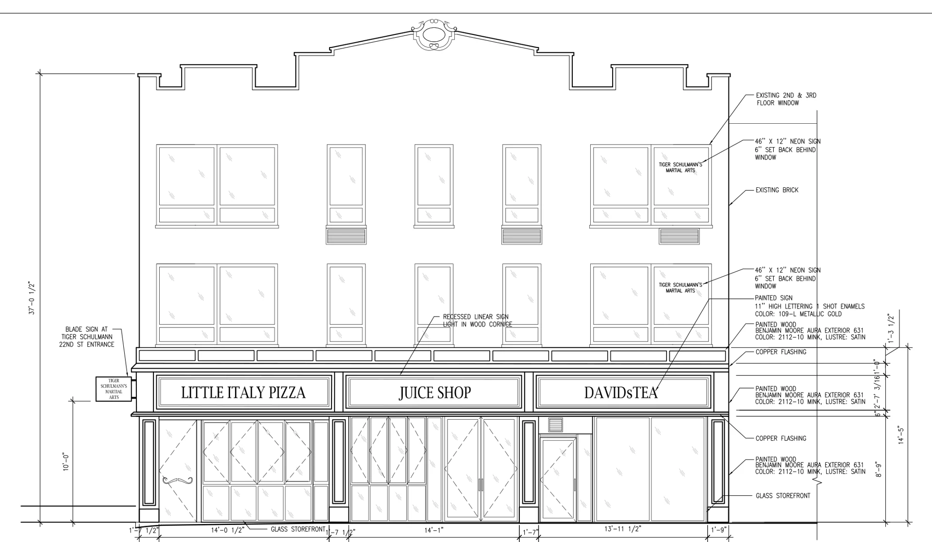 688 Sixth Avenue: Architectural facade elevation drawing with storefront signage, dimensions and material notes