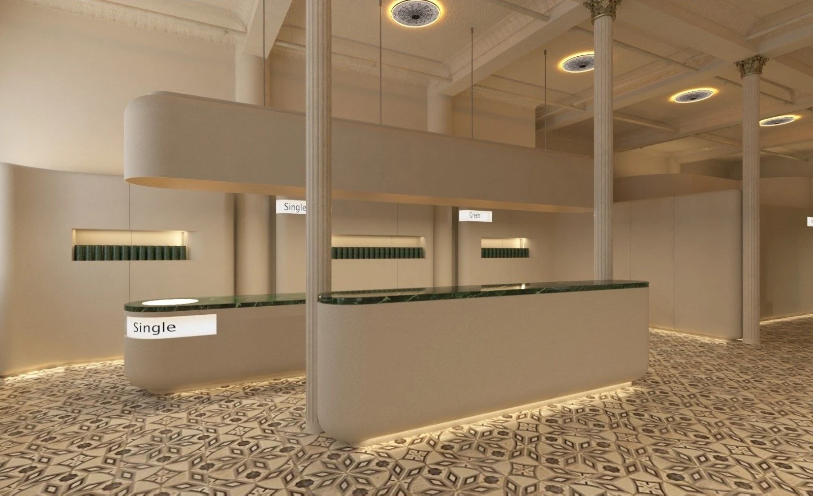 Ansa Coffee: Rendering of curved cafe counters, fluted columns and patterned flooring