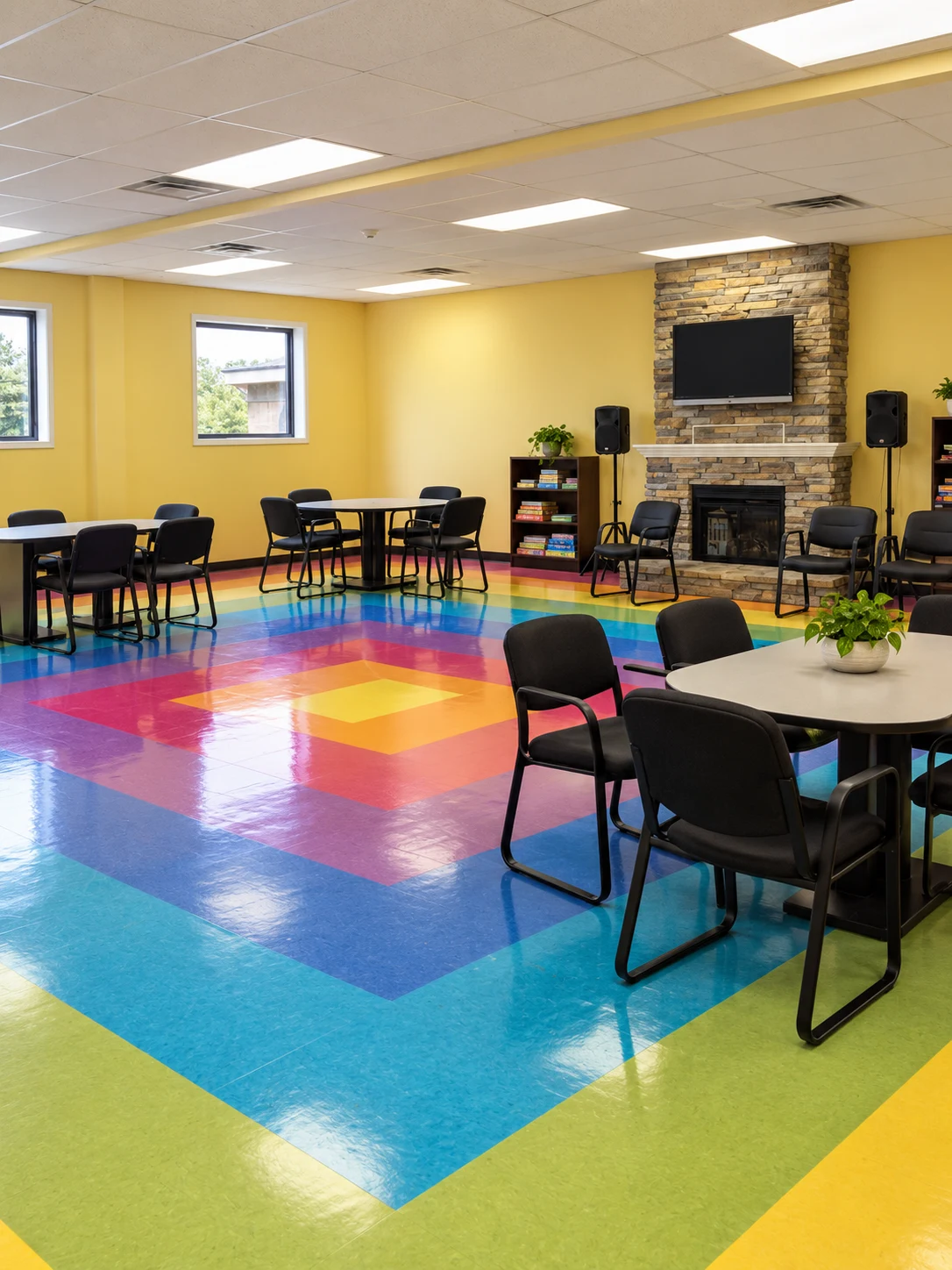 Generations Plus: Common room with colorful geometric flooring, tables, and a stone-faced fireplace