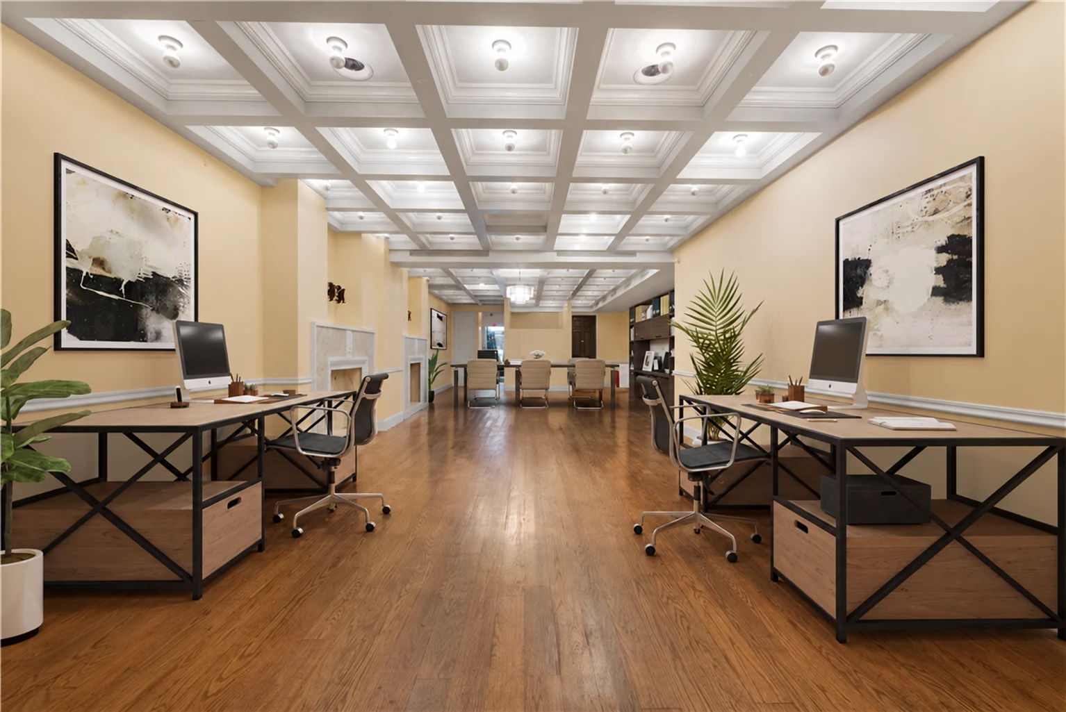 Marine Park Office Space: Office interior rendering with paired desks, wood flooring and a coffered ceiling