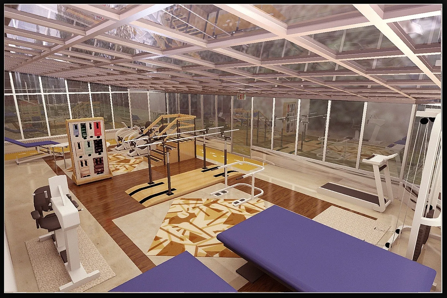 New Vanderbilt: Rehabilitation-gym rendering with therapy tables, parallel bars, and exercise equipment