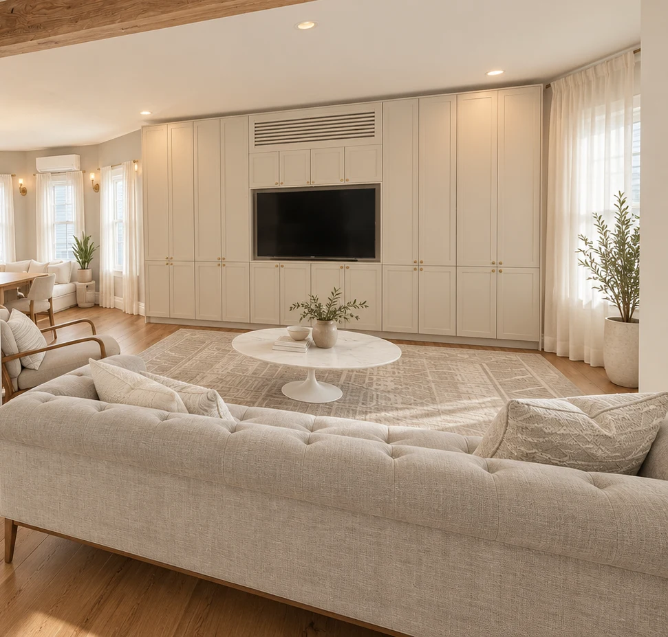 Residential Interiors: Light-toned living room with built-in television cabinetry, upholstered seating and a round table
