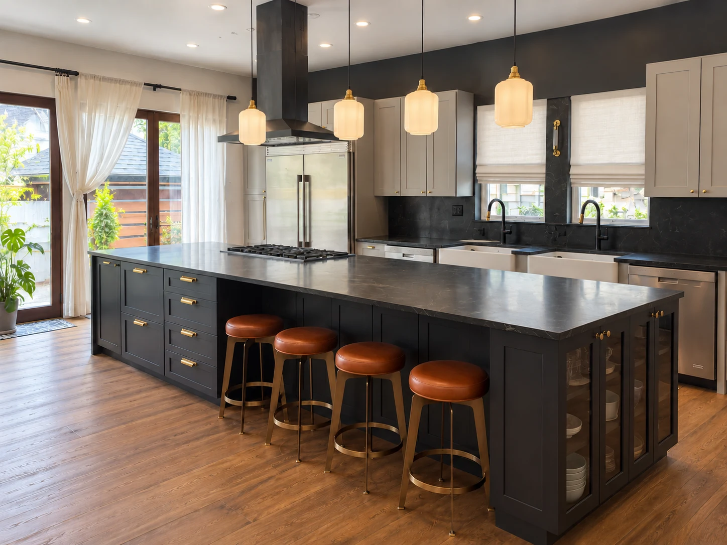 Residential Interiors: Kitchen with a dark island, four leather-look stools and pendant lighting