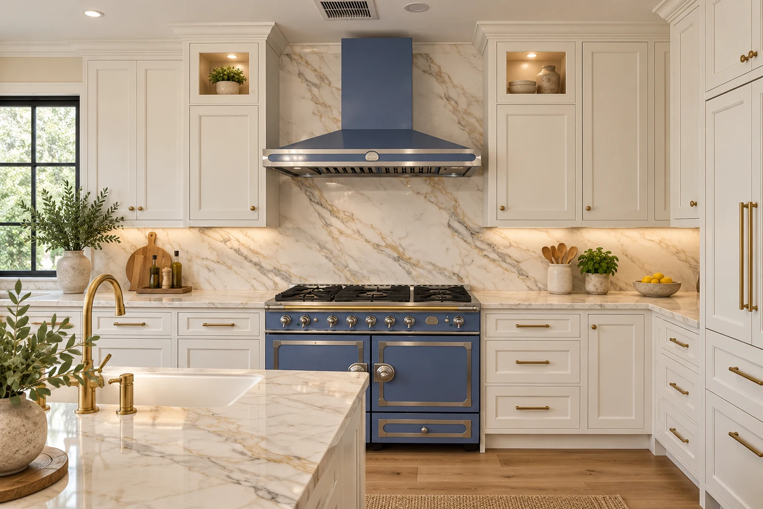 Residential Interiors: White kitchen cabinetry with a blue range, matching hood and veined backsplash