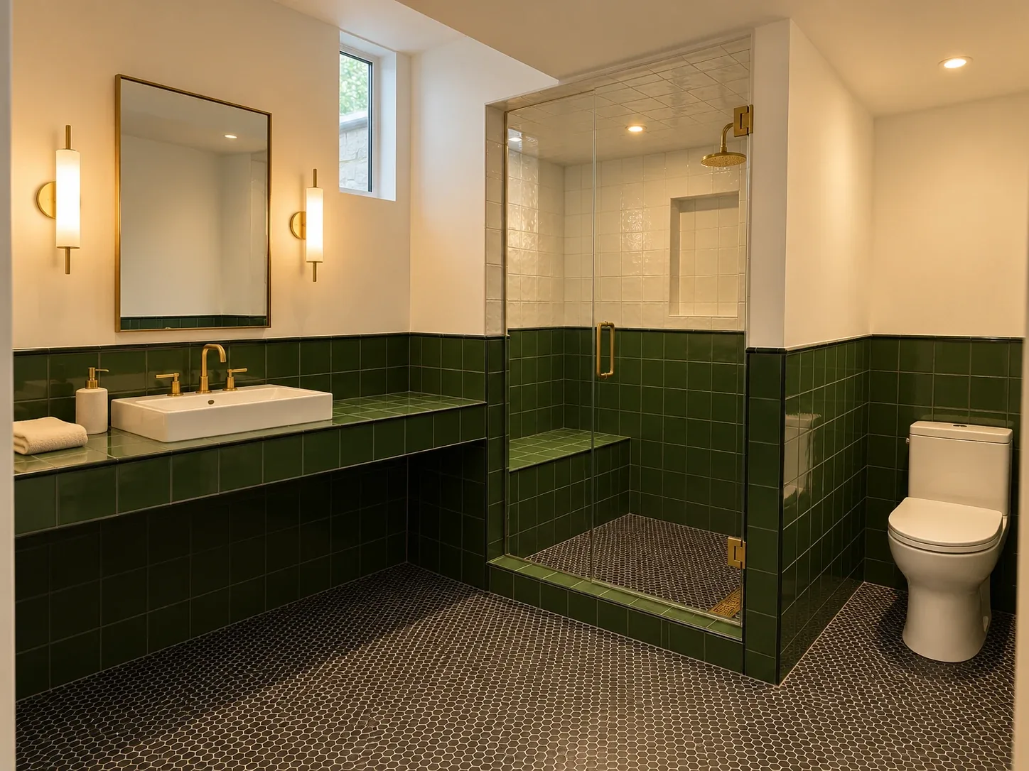 Residential Interiors: Green-tiled bathroom with a glass shower enclosure and wall-mounted sink counter