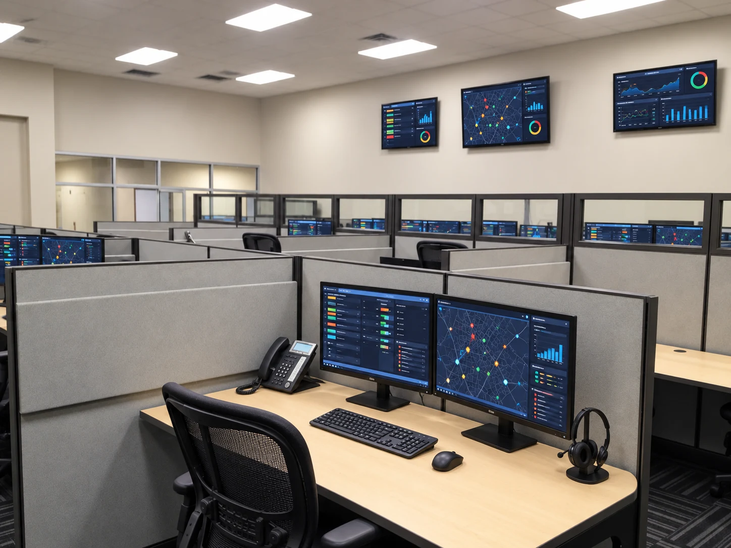 SeniorCare EMS: Call-center workstations with dual monitors, desk phones, and wall-mounted displays