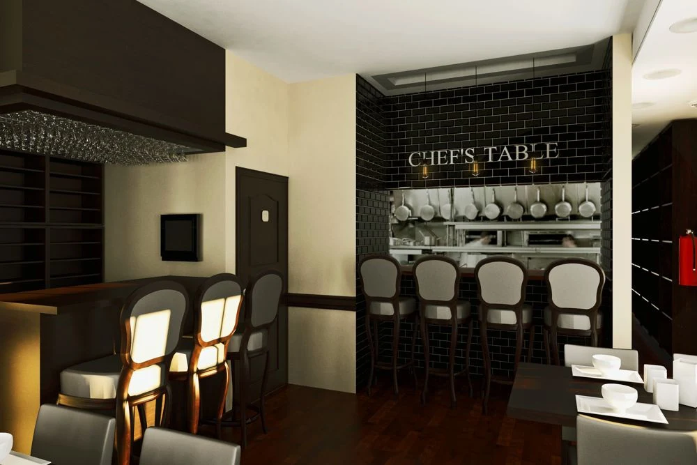 T Fusion Steakhouse: Rendering of Chef’s Table counter seating beneath a black-tiled kitchen opening