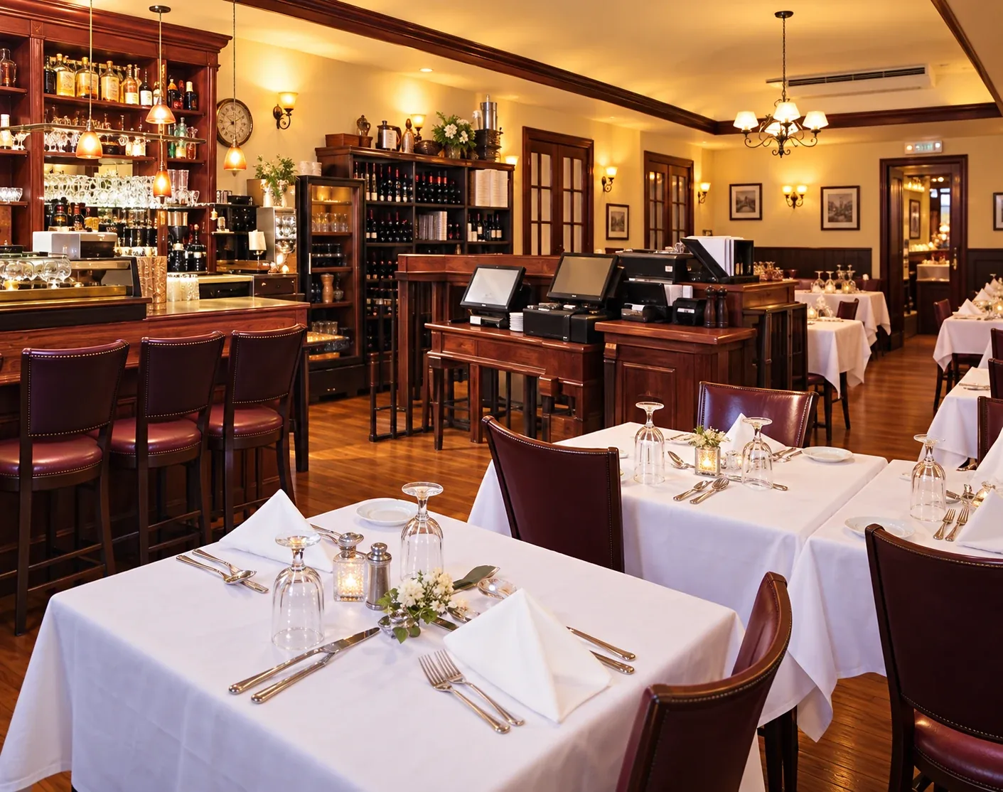 Tea For Two: Dining room with a wooden bar, burgundy seating and white tablecloths