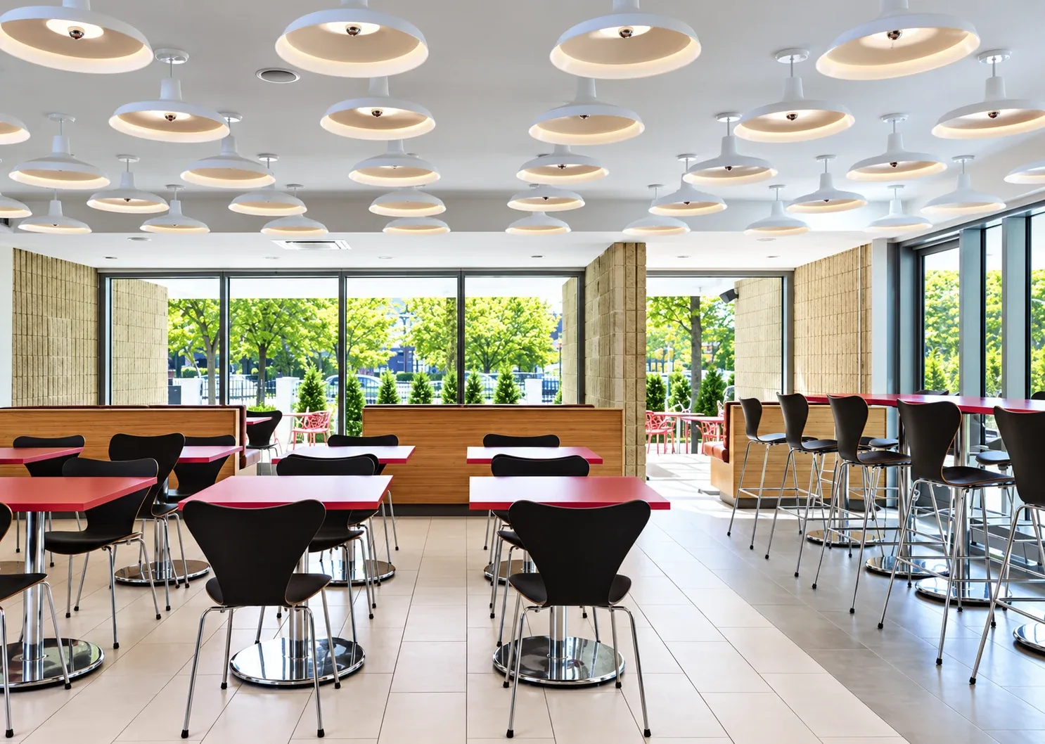 Tea For Two: Bright dining area with red tables, black chairs and disc-shaped ceiling lights
