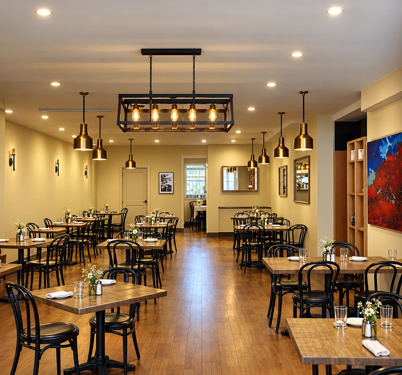 Tea For Two: Dining room with wooden tables, black bentwood chairs and pendant lighting